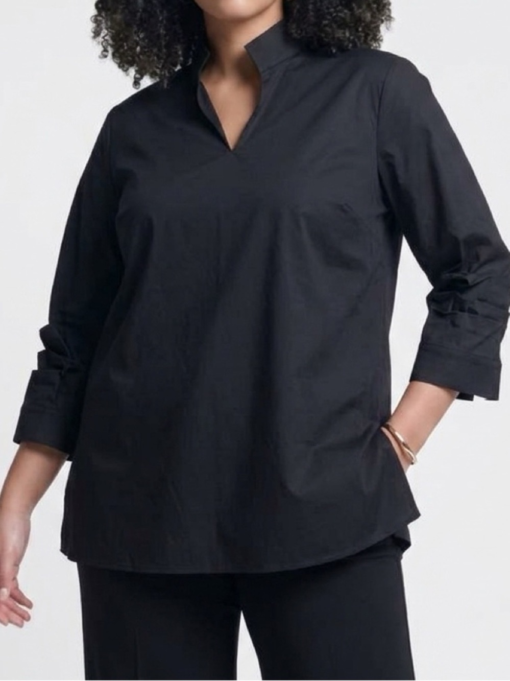 Misook Black Split V-Neck Top with Three-Quarter Sleeves